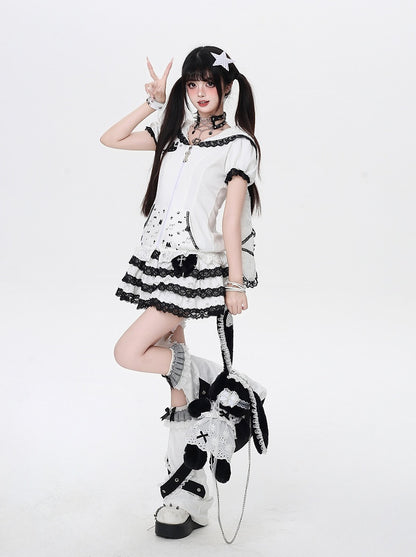Jirai Trim Bunny Ears Design Hood Lace Kei Black/White