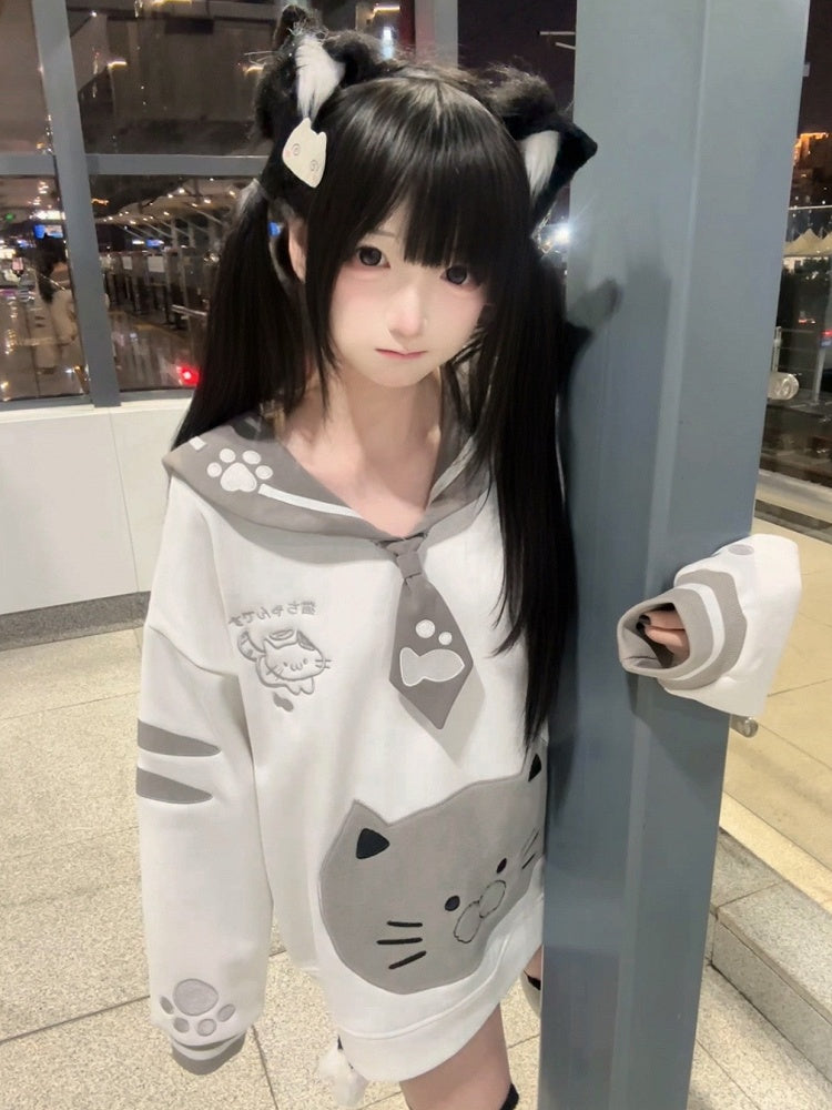 Kawaii Puff Core Cat Sailor with 3D Collar Embroidery Sweatshirt Design Otome White Gray