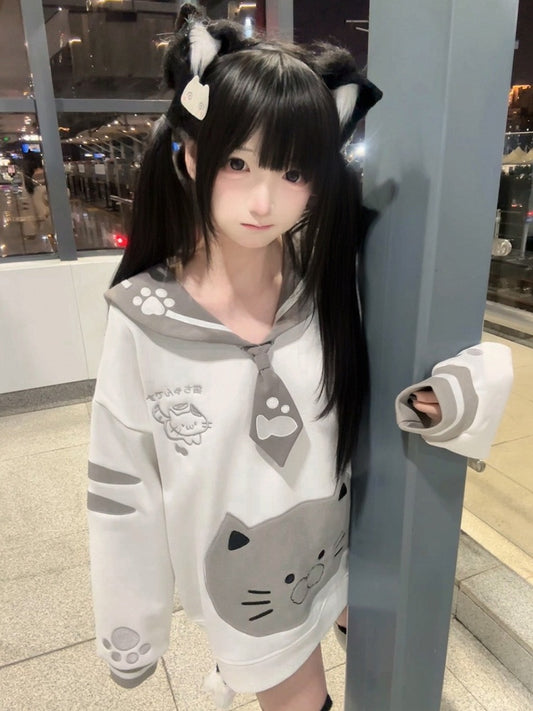 Kawaii Puff Core Cat Sailor with 3D Collar Embroidery Sweatshirt Design Otome White Gray