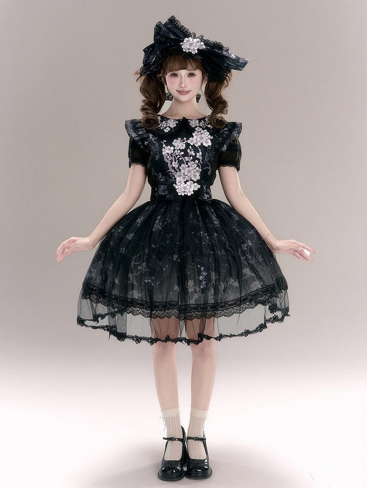 Black Floral Embroidery Flutter Sleeve Lace Trim Lolita Overlay Dress with Bow - Yimu Walnut