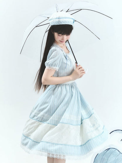 Blue Striped Lace OP with Bow Tie - Liz Bird