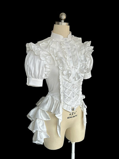 王子様のオールホワイトロリータレイヤードスリーブフリル王子様のフリル裾ボディスシャツショート