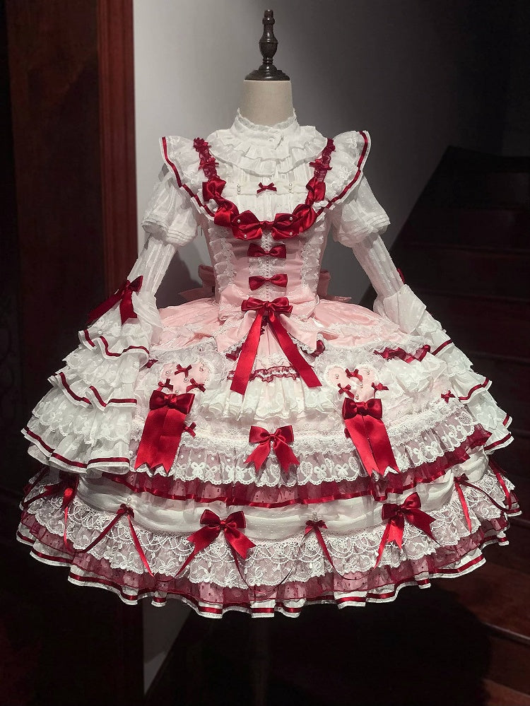 White Ruffled Neck Lolita Tiered Bell Sleeves Blouse Red Bows - Starry Messenger