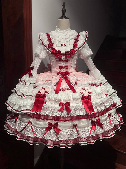 Pink & Red Hanayome Lolita Layered Hime JSK Dress with Bow Accents - Starry Messenger