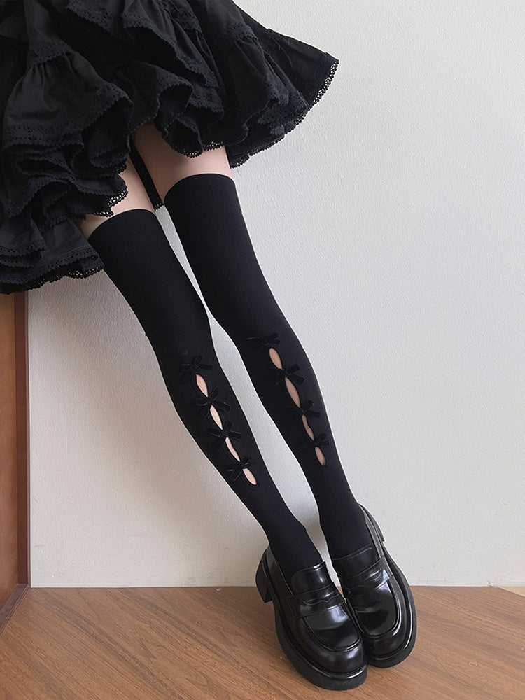 Bowknot Strümpfe Schwarz/Weiß Design Overknee Cut-out