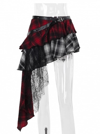 Belt Plaid Layers PU Asymmetrical Rock Mixed Halloween Punk Skirt Tiered with