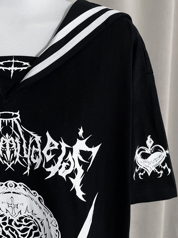 with Gothic Black Jirai Collar Sailor Kei Print T-Shirt
