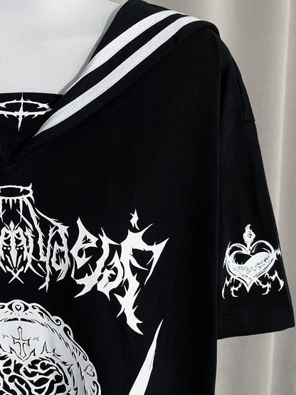 with Gothic Black Jirai Collar Sailor Kei Print T-Shirt
