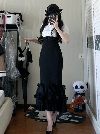 ロリータホワイトピースブラックエレガントツーデザインマーメイドドレスウエストスカートボーンフェイクブラウス