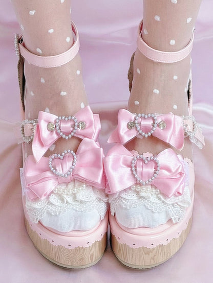 Heart Gyaru Beaded - Bow Wedge Pink Accents Platform Buckles Hime Sandals