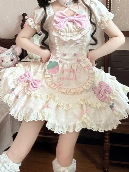 Polka Dot Dress Cute Ear Beige Pink OP Bunny Bonnet Full Lolita + Strawberry Themed Hairband Set Choker