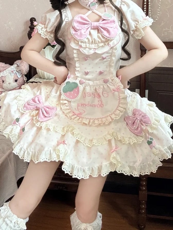 Details Lace Bow OP Strawberry with Beige Lolita Themed Cute and Polka Pink Dot Dress