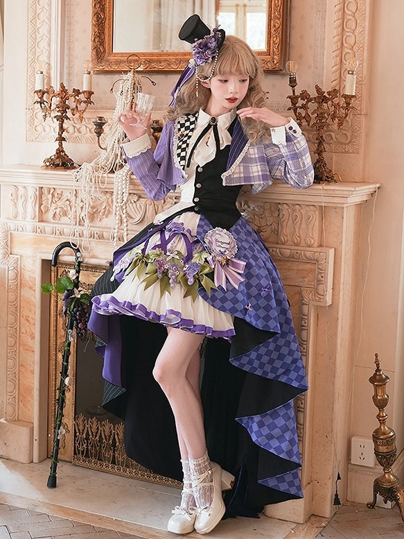 Waistcoat Tops - Blazer Cropped Ouji Set Half-plaid Half-stripes Purple Lolita Half-black + Half-white Backless Pattern