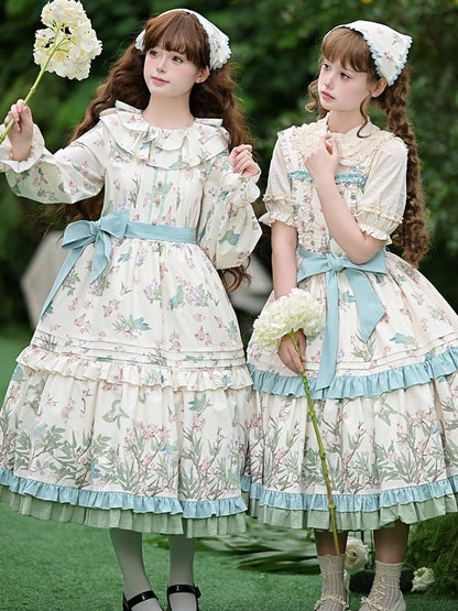 Bird Belt Sleeves Lolita Kei Dress Print and Floral Natural with Waist Long