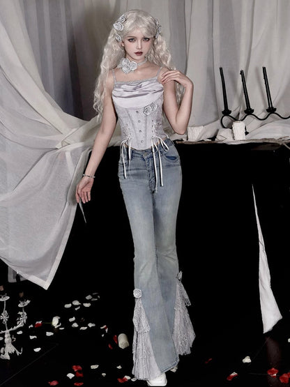 Silver Gray Cowl Neck Boned Witch Corset Top - With PUJI