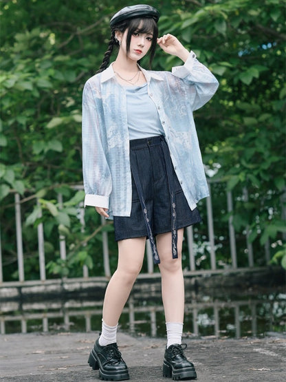 Blue Loose Sun Protection Chiffon Long Sleeve Shirt with Deer Print - Quirky Hut