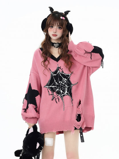 Web Spider Holes Pattern Sweater Hem Distressed Pink