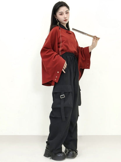 Knot Sleeve Style with Long in Buttons Chinese Ornate Red Unisex Top