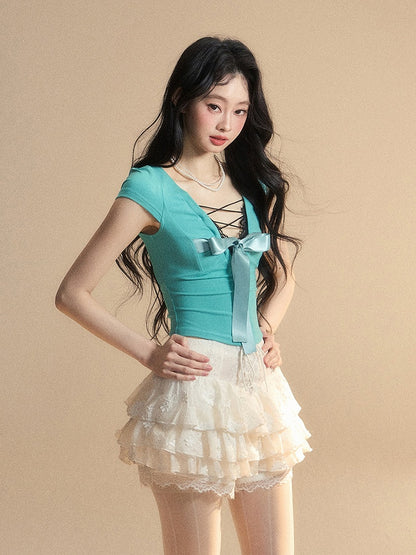 Blue Lace Trim V-Neck Cutout Tiffany Slim-fitting Back T-Shirt Big Bow