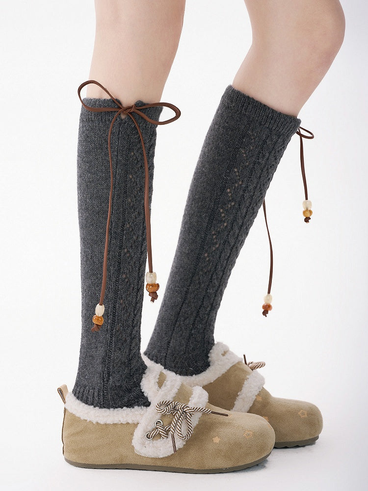Detail with Bow Socks Knit 5-Color Bead Calf Pointelle
