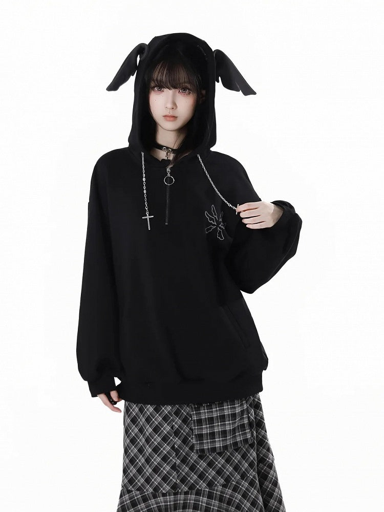 Bittersüße Kette Grau/Schwarz Kapuzendesign Hoodie Flügel Kreuz Wing Stickerei Rücken Feder