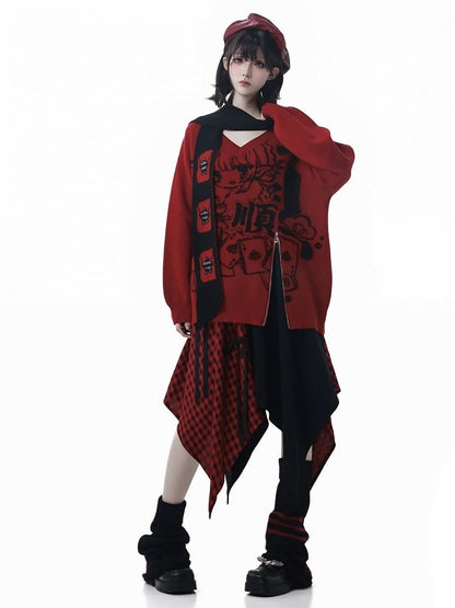 Handkerchief with Red Hem Plaid Y2K Accents and Bowknot Maxi Skirt Black Color-Block