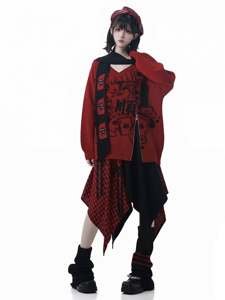 Pattern Zipper Hem Knit Sweater Girl New Loose-Fit Cartoon with Red/Black and Inspired Year