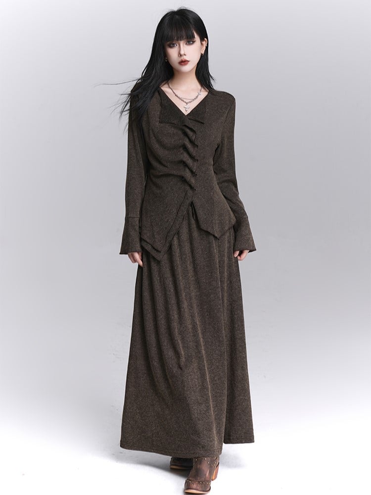 Strap Long V-Neck with Coffee Neck Sleeve Button Details Top