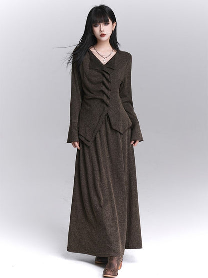 Strap Long V-Neck with Coffee Neck Sleeve Button Details Top