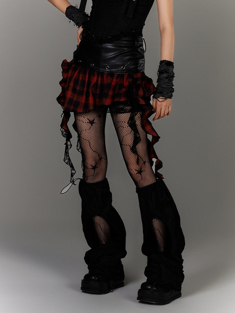 Ruffled Black PU Punk Skirt Hem Y2K Asymmetrical Red Plaid