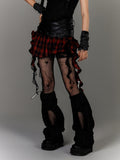 Ruffled Black PU Punk Skirt Hem Y2K Asymmetrical Red Plaid