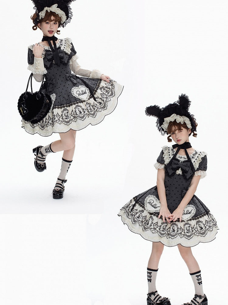 Gray Dot Sweet Lace-Trimmed Pattern Rabbit Dress Appliques with Polka Lolita Sweetheart