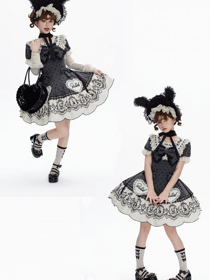 Gray Dot Sweet Lace-Trimmed Pattern Rabbit Dress Appliques with Polka Lolita Sweetheart