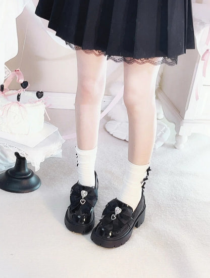 Polished 6cm Jirai with Black Loafers Rhinestone Sweetheart Bow Platform in Kei Heel