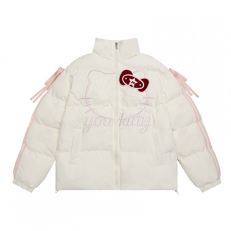 Black/White Kitty Lace Applique Puffer Jacket Bowknot Details