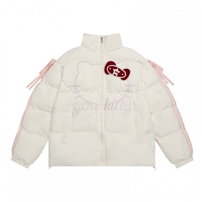 Black/White Kitty Lace Applique Puffer Jacket Bowknot Details