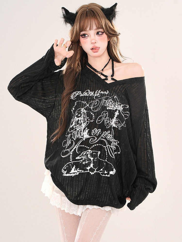 Locker sitzendes Neckholder-Stricktop mit Animalprint in Weiß/Schwarz