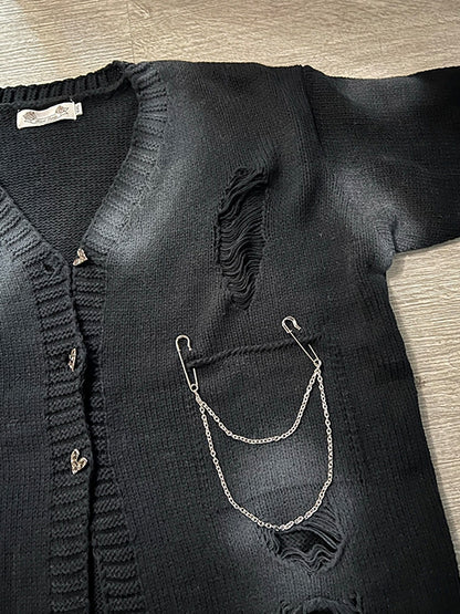 Plus Size Dark Grey Y2K Distressed Holes Loose Cardigan