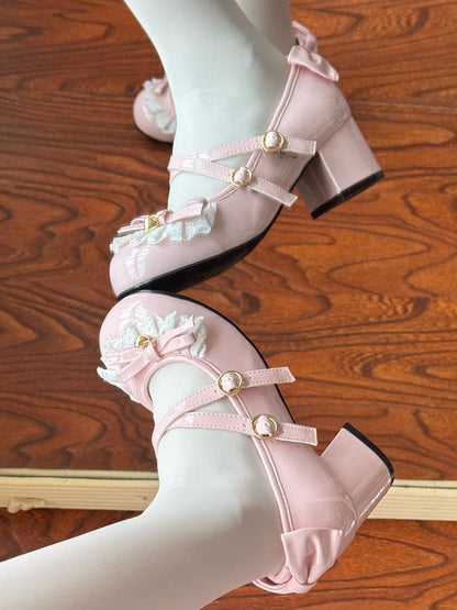 Pink Lolita PU Sweet Leather with Embellishment Shoes Mid-heel Bow