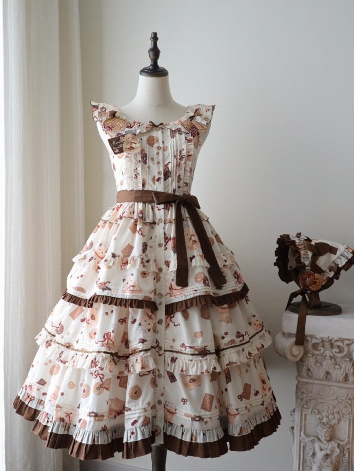 Yellow Lolita Brown Cookie and Ruffle Hamster Sweet Dress Print Hem