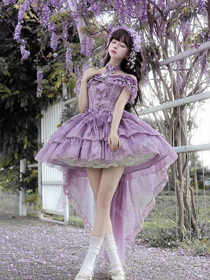 Fairy Lolita Taillenschleppe Balletcore Kleid Großes Korsett Glyzinien Tüllschleife mit Print Lila