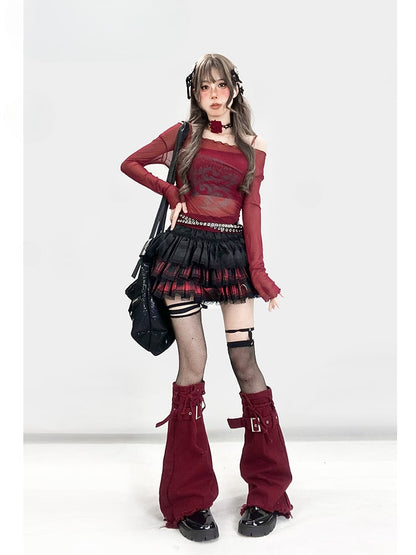 Y2K Redand ブラック チェック柄 レーストリム 太もも丈 裏地付き ティアードスカート