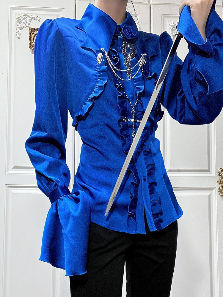 Klein Collar Satin Lolita Gothic Blue with Shirt Ruffle Details Bat-Wing