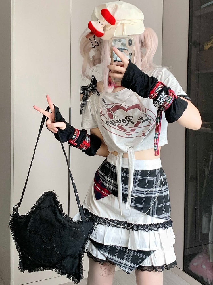 Y2K White Asymmetrical Letter Print Glamorous T-shirt Neckline