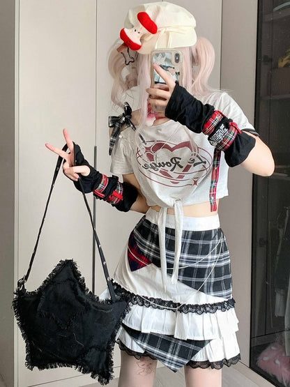 Y2K White Asymmetrical Letter Print Glamorous T-shirt Neckline