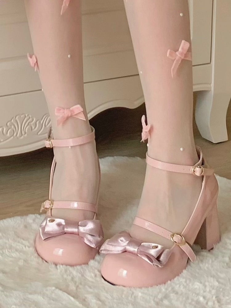 High PU Janes Mary Bow Lolita Elegant Pink Heel Block Heart-Adorned -