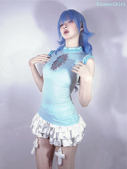 ゴス ノースリーブ トップス ライトブルー モックネック 棺型カットアウト パステル