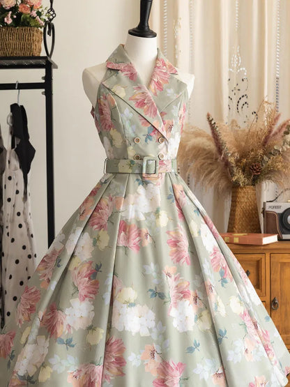 ファッションフローラルドレスブレザーレトロプリントカラーグリーン夏1950年代