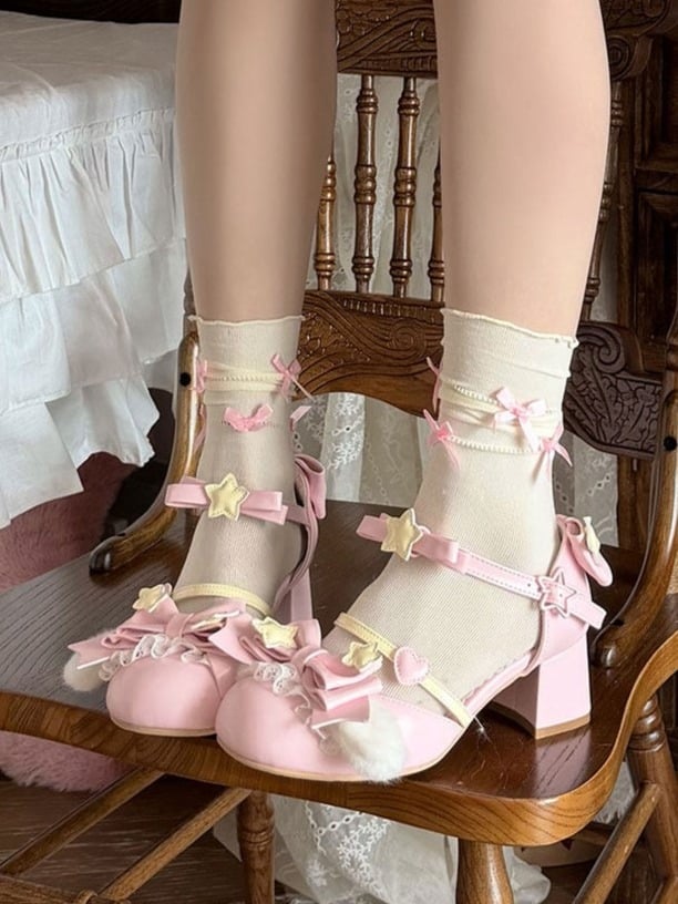 Pink Sweet Lolita Mid Heel Round Toe Shoes - Sheep Puff