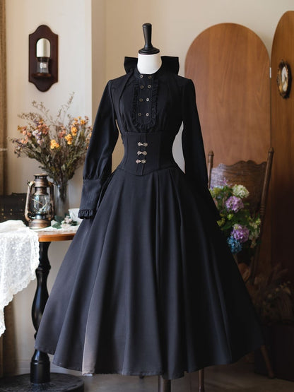 ブラックのエレガントなレトロ秋長袖シャツ